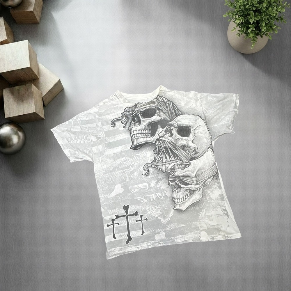 MMA Elite Mens Large White Skull Graphic T-Shirt Y2K Grunge Skater Streetwear